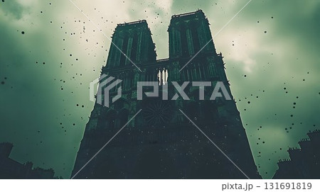 Notre Dame Cathedral's Towers Under a Moody, Atmospheric, Green- 131691819