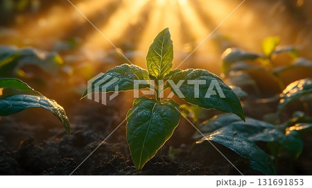 Dew-Kissed Seedling Bathed in Golden Sunlight, Emerging from Dar Dew-Kissed Seedling Bathed in Golden Sunlight, Emerging from Dar 131691853