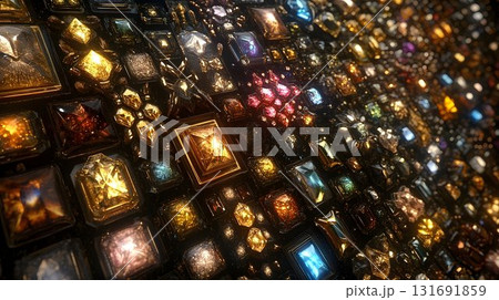 Glimmering mosaic of precious stones and golden settings on a da 131691859