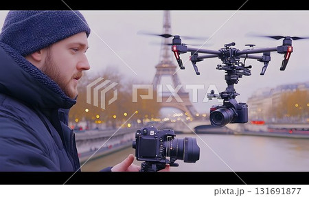 Man filming Eiffel Tower with drone and camera on tripod along S Man filming Eiffel Tower with drone and camera on tripod along S 131691877