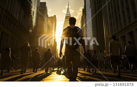 Golden Hour Commute: Silhouetted Figures Walk Through a Sunlit C 131691878