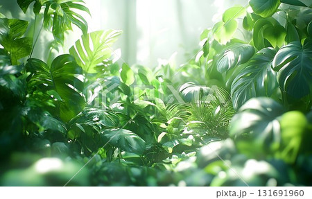 Lush tropical foliage with bright sunlight filtering through lea Lush tropical foliage with bright sunlight filtering through lea 131691960