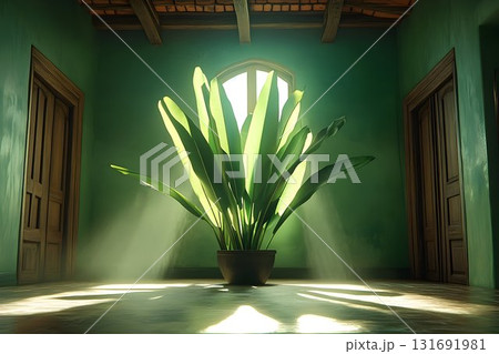 Sunlit Plant in Green Room with Wooden Doors and Beamed Ceiling 131691981