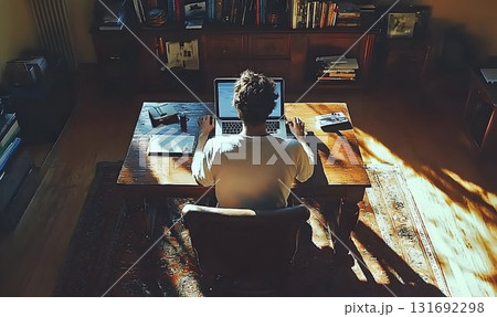 Back view of person working on laptop at wooden desk in sunlit r Back view of person working on laptop at wooden desk in sunlit r 131692298