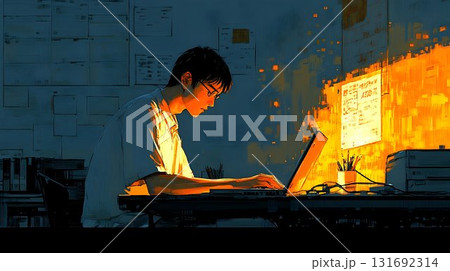 Focused student illuminated by laptop glow, working late at nigh 131692314