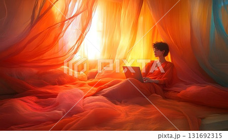 Woman in Orange Robe Works on Laptop Amidst Flowing Fabric 131692315