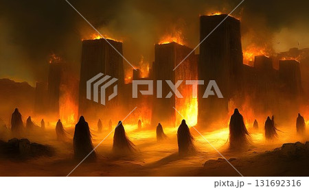 Cloaked figures amidst burning city ruins, bathed in fiery orang Cloaked figures amidst burning city ruins, bathed in fiery orang 131692316