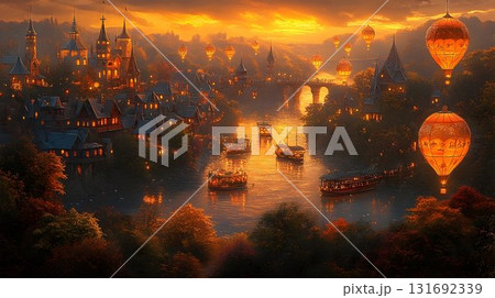 Golden Hour Over Fairytale Town: Boats, Balloons, and Illuminate Golden Hour Over Fairytale Town: Boats, Balloons, and Illuminate 131692339
