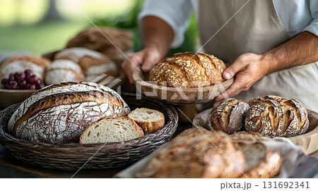 Rustic Artisan Bread Display with Baker Holding Seeded Loaf in W Rustic Artisan Bread Display with Baker Holding Seeded Loaf in W 131692341