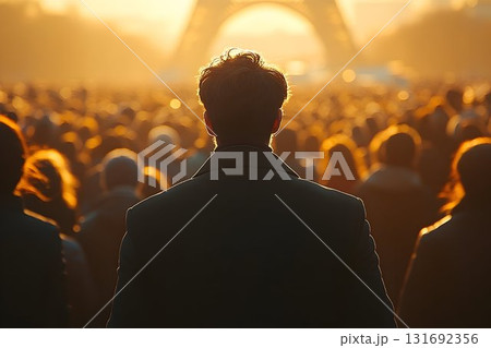 Parisian Crowd Gathers at Sunset, Eiffel Tower Silhouette, Man i Parisian Crowd Gathers at Sunset, Eiffel Tower Silhouette, Man i 131692356