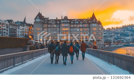 Winter evening stroll across the bridge in Lucerne, Switzerland, 131692364