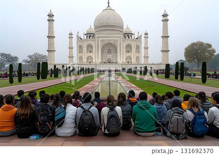 Taj Mahal View: Tourists Admiring the Iconic Mausoleum in Agra, Taj Mahal View: Tourists Admiring the Iconic Mausoleum in Agra, 131692370