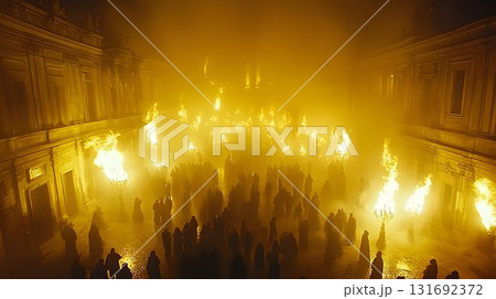 Dramatic Gathering: Cloaked Figures Amidst Fiery Chandeliers in 131692372