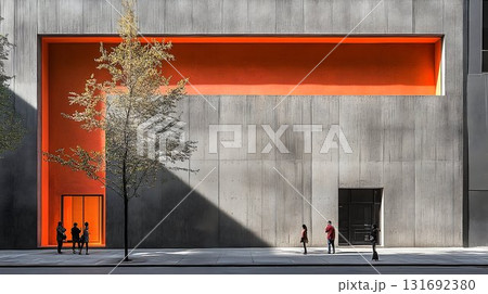 Architectural Contrast: Orange Interior and Shadowed Facade with Architectural Contrast: Orange Interior and Shadowed Facade with 131692380
