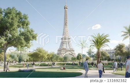 Eiffel Tower and Park Scene with Palm Trees and People Enjoying 131692382