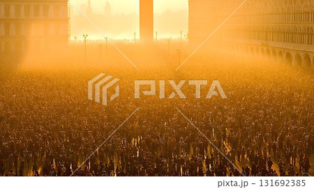 Golden Hour Crowd: A Sea of People Bathed in Warm Light in a His 131692385