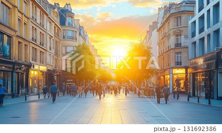 Parisian Street Scene Bathed in Golden Sunset Light with Pedestr 131692386