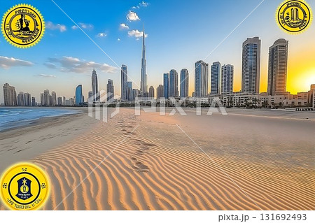 Dubai Skyline at Sunset: Footprints on Sandy Beach Leading to Mo 131692493