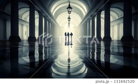 Silhouetted Figures Walking Through a Reflective, Architectural 131692520