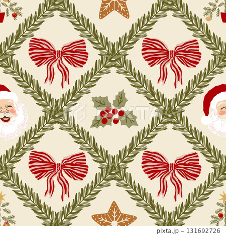 Retro Christmas bows seamless pattern. Vector fir tree trellis, ribbon Santa Claus, gingerbread background, wrap paper. Retro Christmas bows seamless pattern. Vector fir tree trellis, ribbon Santa Claus, gingerbread background, wrap paper. 131692726