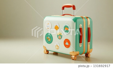 Blue and orange travel suitcase decorated with destination stickers on light background, copy space 131692917