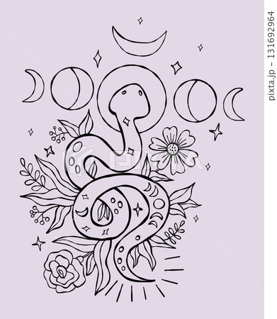 Mystical snake with moon and Flowers Plants. Outline Textured Hand Drawn Doodle. Sketch kundalini for design, symbolizing magic and transformation. Vector Illustration. Not AI 131692964
