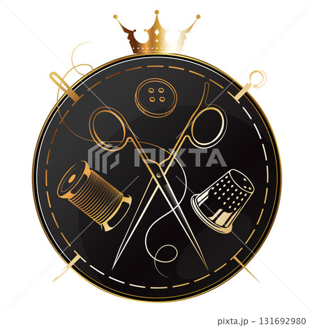 Golden symbol for sewing with crown. Needle and thread, scissors, thimble, spool of thread Golden symbol for sewing with crown. Needle and thread, scissors, thimble, spool of thread 131692980