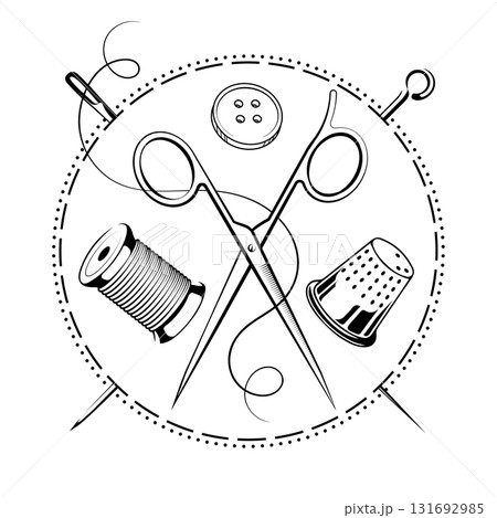 Needle and thread, scissors, thimble, spool of thread. Sewing symbols Needle and thread, scissors, thimble, spool of thread. Sewing symbols 131692985