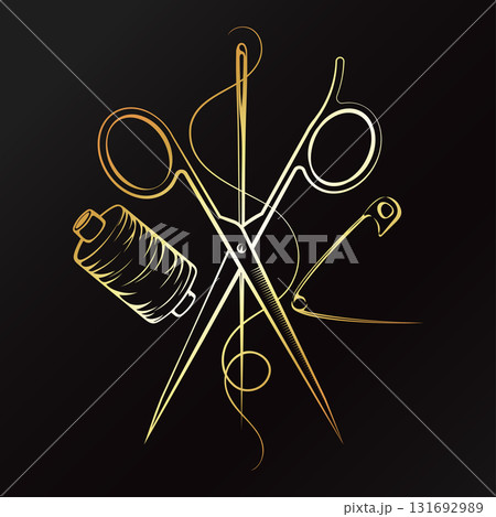 Scissors, sewing needle, and spool of thread. Gold badge for a sewing salon. Scissors, sewing needle, and spool of thread. Gold badge for a sewing salon. 131692989
