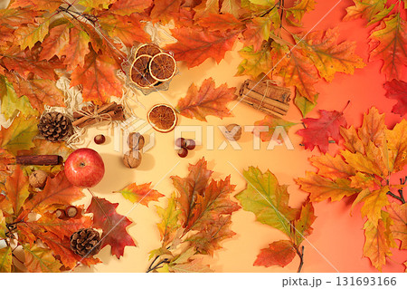 Autumn abstract composition with maple leaves, pine cones, nuts, cinnamon, star anise and rowan berries, still life and Thanksgiving concept, seasonal background and banner for screen, greeting card. Autumn abstract composition with maple leaves, pine cones, nuts, cinnamon, star anise and rowan berries, still life and Thanksgiving concept, seasonal background and banner for screen, greeting card. 131693166
