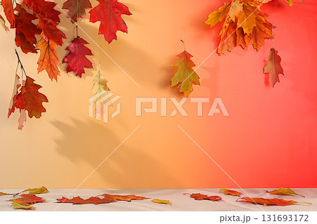 Empty modern elegant product display table with maple leaves, minimalist autumn concept, creative autumn arrangement and display banner. Happy Thanksgiving greeting card. Empty modern elegant product display table with maple leaves, minimalist autumn concept, creative autumn arrangement and display banner. Happy Thanksgiving greeting card. 131693172