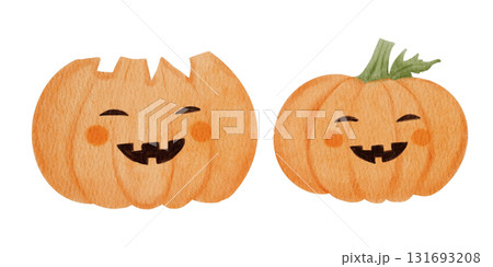 Watercolor Halloween pumpkins with smiling faces. Hand painted cute orange pumpkins isolated on white. Perfect for Halloween card, poster, or autumn decor. Watercolor Halloween pumpkins with smiling faces. Hand painted cute orange pumpkins isolated on white. Perfect for Halloween card, poster, or autumn decor. 131693208