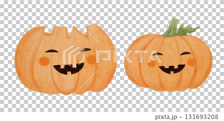 Watercolor Halloween pumpkins with smiling faces. Hand painted cute orange pumpkins isolated on white. Perfect for Halloween card, poster, or autumn decor. Watercolor Halloween pumpkins with smiling faces. Hand painted cute orange pumpkins isolated on white. Perfect for Halloween card, poster, or autumn decor. 131693208