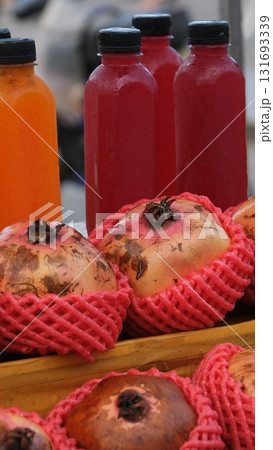 Fresh Juices Smoothie Three Bottles Red Green Orange Tropical Fruits Water Melon Strawberry Apple Kiwi Grapes Orange Mango Banana Pine Apple Pomegranate Grape Selective focus Fresh Juices Smoothie Three Bottles Red Green Orange Tropical Fruits Water Melon Strawberry Apple Kiwi Grapes Orange Mango Banana Pine Apple Pomegranate Grape Selective focus 131693339