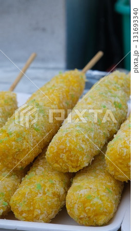 corn dog displayed at supermarket corn dog displayed at supermarket 131693340