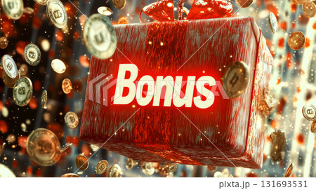 Gift box wrapped with a red bow floating among coins, with "Bonus" on it. Concept of reward, incentive, or financial gain. For marketing promotions Gift box wrapped with a red bow floating among coins, with "Bonus" on it. Concept of reward, incentive, or financial gain. For marketing promotions 131693531