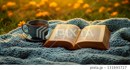 Open book on a cozy knitted blanket beside a steaming cup in a garden with yellow flowers. Concept of relaxation and leisure in a natural setting. Open book on a cozy knitted blanket beside a steaming cup in a garden with yellow flowers. Concept of relaxation and leisure in a natural setting. 131693727