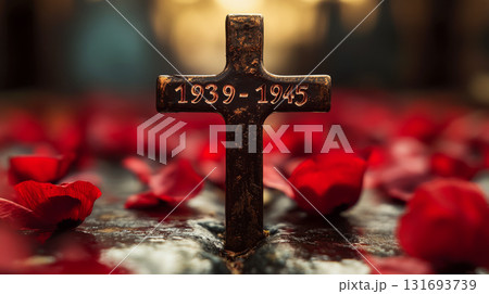 Metal cross inscribed with "1939 - 1945" surrounded by red petals. Concept of remembrance and war memorial. Metal cross inscribed with "1939 - 1945" surrounded by red petals. Concept of remembrance and war memorial. 131693739