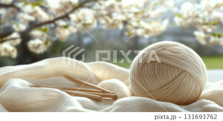 A ball of beige yarn and knitting needles rest on a soft fabric, with blurred blossom trees in the background. Concept of relaxation, creativity, springtime. A ball of beige yarn and knitting needles rest on a soft fabric, with blurred blossom trees in the background. Concept of relaxation, creativity, springtime. 131693762