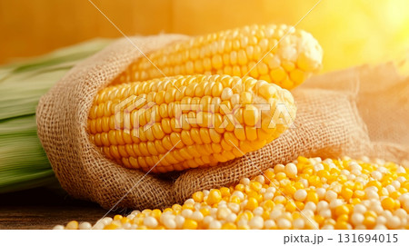 Two corn cobs in burlap sit on a wooden table, surrounded by loose kernels. Concept of agriculture and harvest. For food-themed content. 131694015