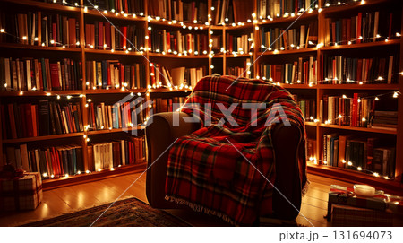 A cozy chair with a red plaid blanket sits in a warm, well-lit library lined with books and illuminated by string lights. Concept of warmth and relaxation. For a cozy reading corner photo. 131694073