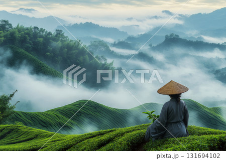 A person in traditional attire sits on a lush green hillside overlooking fog-covered hills. Concept of tranquility and nature. For meditation retreat promo A person in traditional attire sits on a lush green hillside overlooking fog-covered hills. Concept of tranquility and nature. For meditation retreat promo 131694102