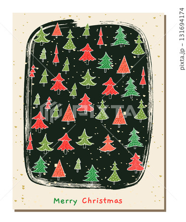 Cute vector Christmas cards set with Christmas trees in red and green and a funny Santa Claus hiding, elegant holiday design, background, flyers and template Cute vector Christmas cards set with Christmas trees in red and green and a funny Santa Claus hiding, elegant holiday design, background, flyers and template 131694174