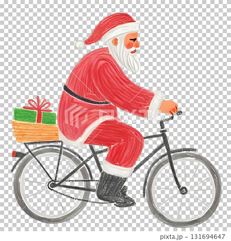 Santa Claus riding a bicycle delivering presents 131694647