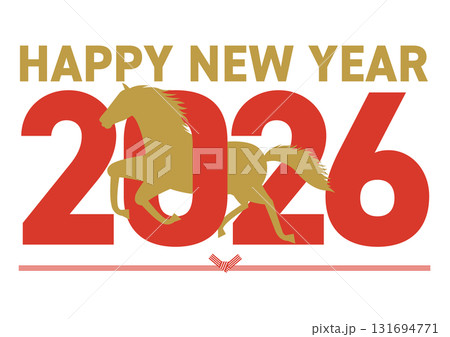 2026年と午年をイメージした数字をくぐるシルエットの午とhappy new yearの挨拶が書かれ 131694771