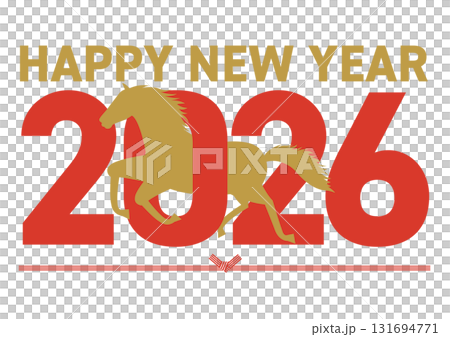 2026年と午年をイメージした数字をくぐるシルエットの午とhappy new yearの挨拶が書かれ 131694771