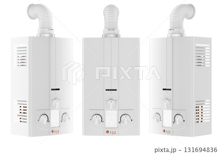 Gas water heater with flexible exhaust pipe, different angles views. 3D rendering 131694836