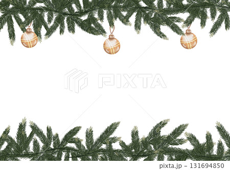 New Year card template with green fir branches and round golden Christmas tree balls. Watercolor botanical illustration on white background, with space for text New Year card template with green fir branches and round golden Christmas tree balls. Watercolor botanical illustration on white background, with space for text 131694850