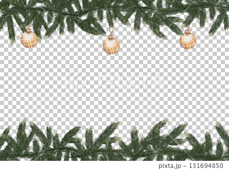 New Year card template with green fir branches and round golden Christmas tree balls. Watercolor botanical illustration on white background, with space for text New Year card template with green fir branches and round golden Christmas tree balls. Watercolor botanical illustration on white background, with space for text 131694850