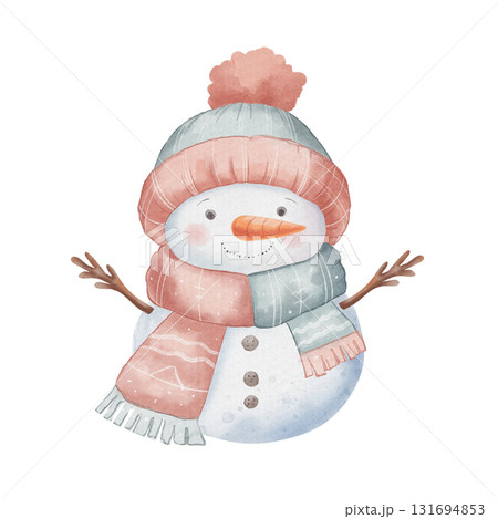 Cute, cheerful snowman wearing hat and scarf. Watercolor illustration, children style. Character for illustrating winter holidays, Christmas, New Year Cute, cheerful snowman wearing hat and scarf. Watercolor illustration, children style. Character for illustrating winter holidays, Christmas, New Year 131694853
